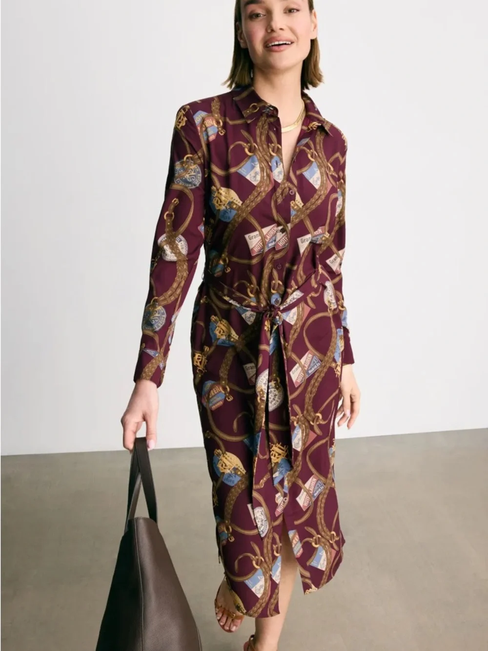 Long-Sleeve Burgundy Printed Tie-Waist Shirt Dress - Picture 1 of 10